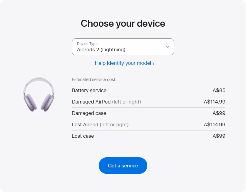 Apple Australia's repair pricing panel showing AirPods 2 (Lightning) service estimates