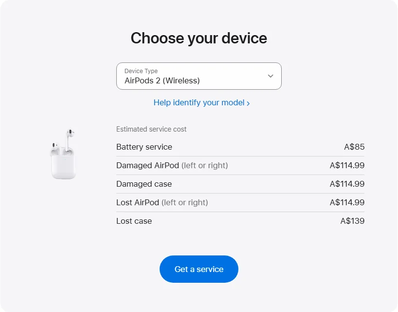 Apple Australia's repair pricing panel showing AirPods 2 (Wireless) service estimates