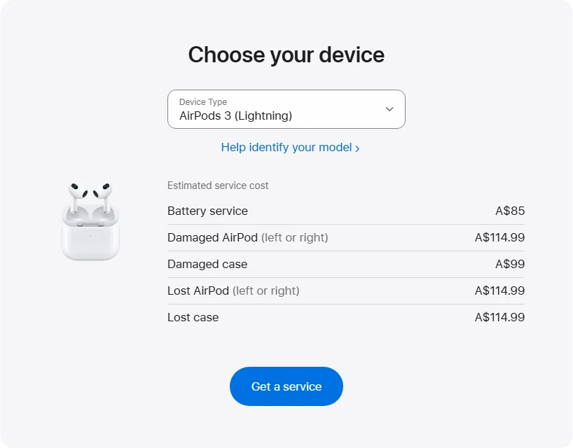 Apple Australia's repair pricing panel showing AirPods 3 (Lightning) service estimates