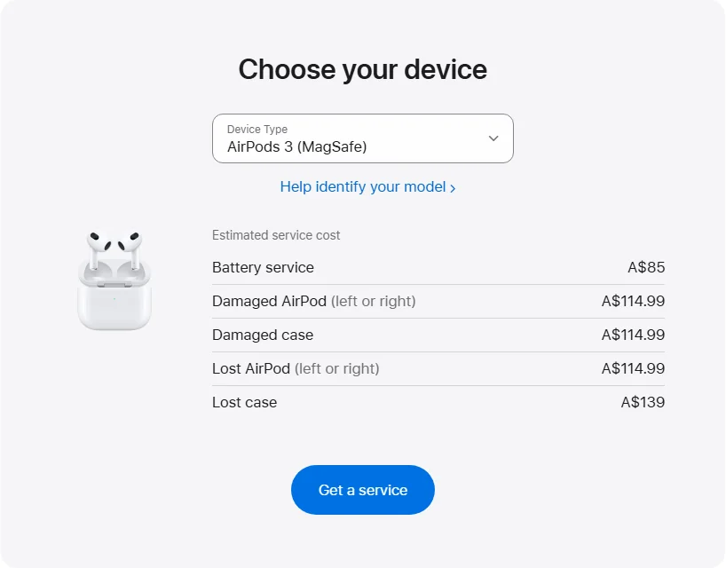 Apple Australia's repair pricing panel showing AirPods 3 (MagSafe) service estimates
