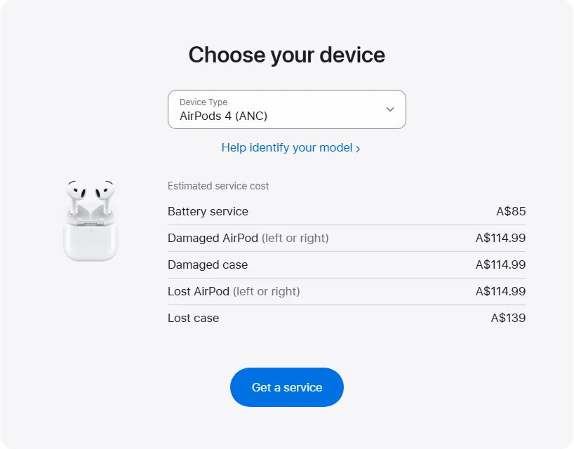 Apple Australia's repair pricing panel showing AirPods 4 (ANC) service estimates