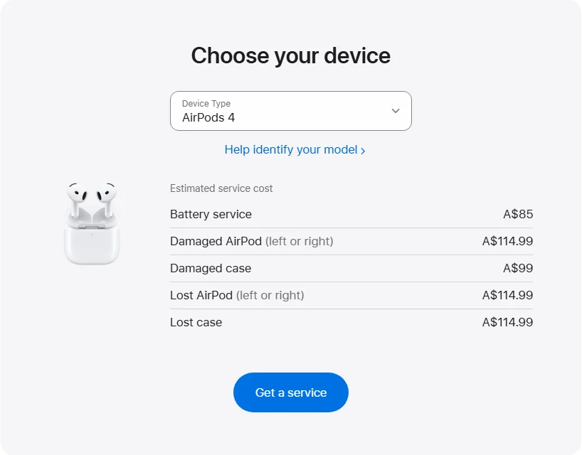 Apple Australia's repair pricing panel showing AirPods 4 service estimates
