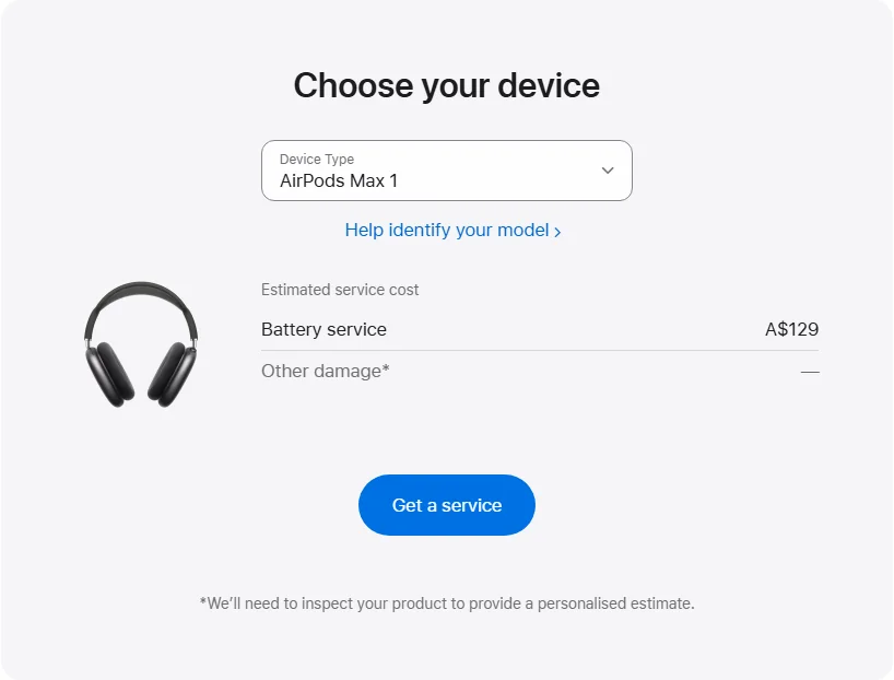 Apple Australia's repair pricing panel showing AirPods Max 1 service estimates
