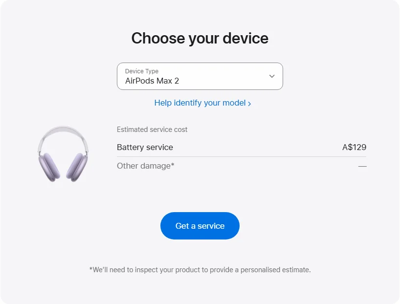Apple Australia's repair pricing panel showing AirPods Max 2 service estimates