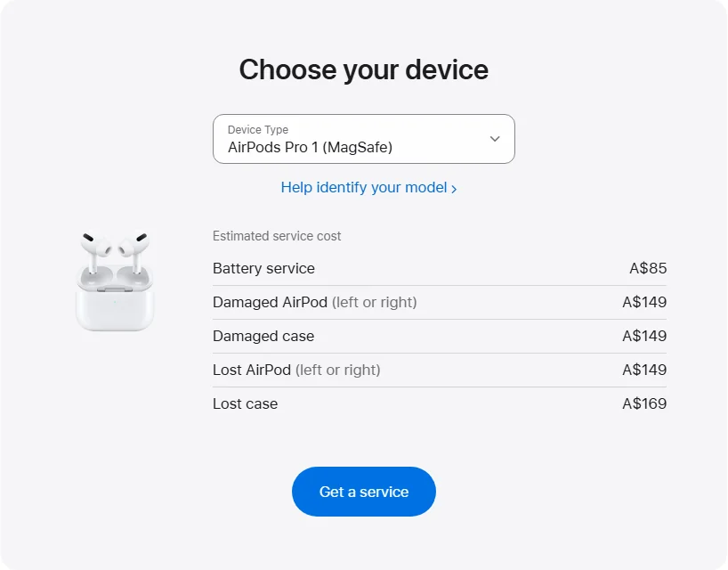 Apple Australia's repair pricing panel showing AirPods Pro 1 (MagSafe) service estimates