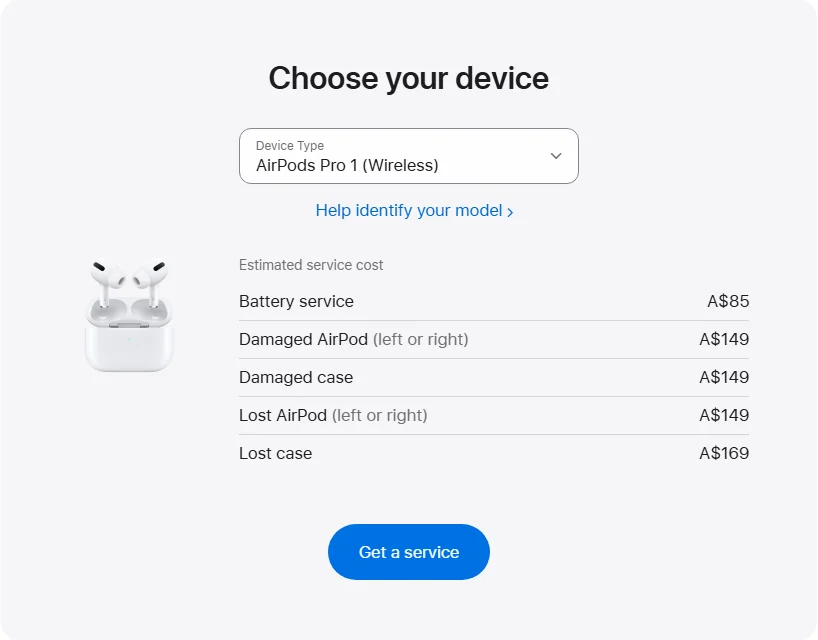 Apple Australia's repair pricing panel showing AirPods Pro 1 (Wireless) service estimates