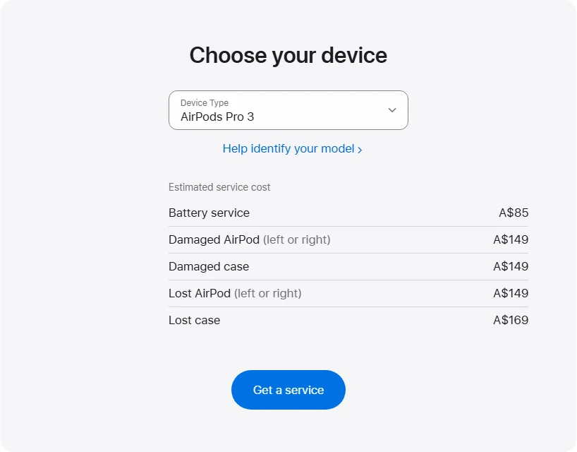 Apple Australia's repair pricing panel showing AirPods Pro 3 service estimates