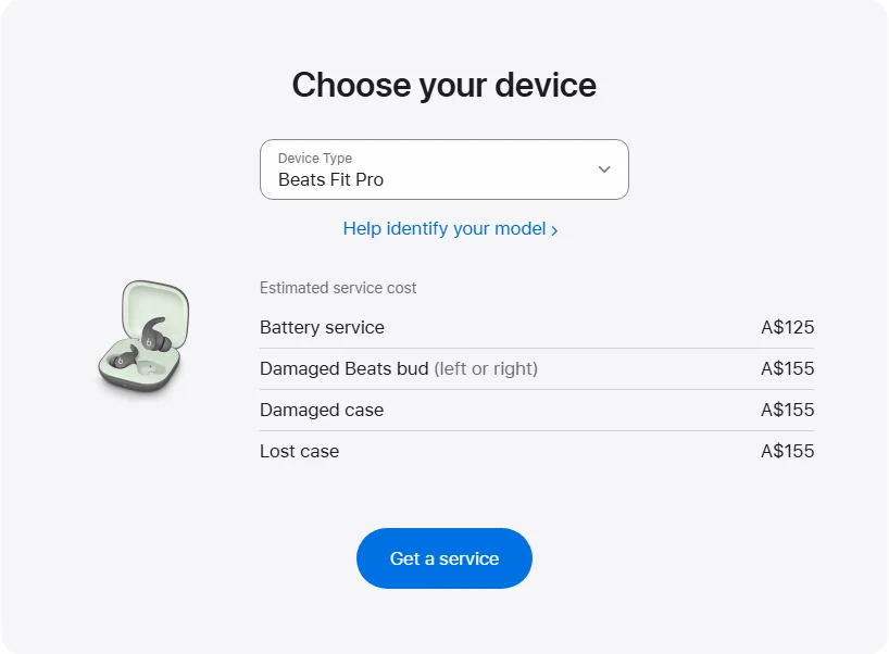 Apple Australia's repair pricing panel showing Beats Fit Pro service estimates