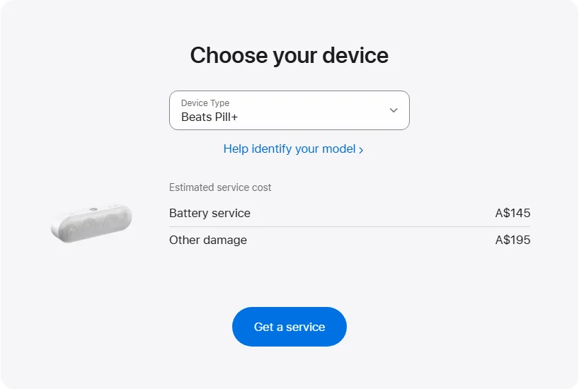 Apple Australia's repair pricing panel showing Beats Pill+ service estimates