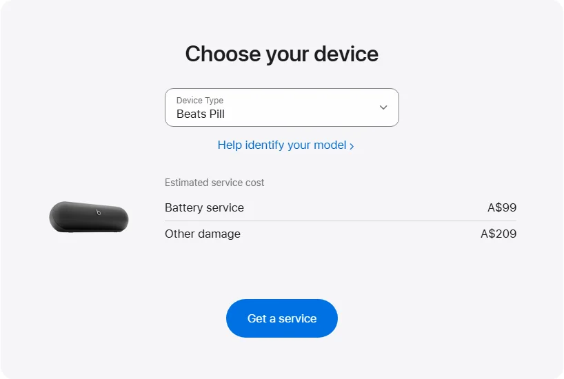 Apple Australia's repair pricing panel showing Beats Pill service estimates