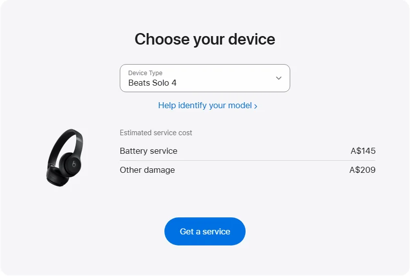 Apple Australia's repair pricing panel showing Beats Solo 4 service estimates
