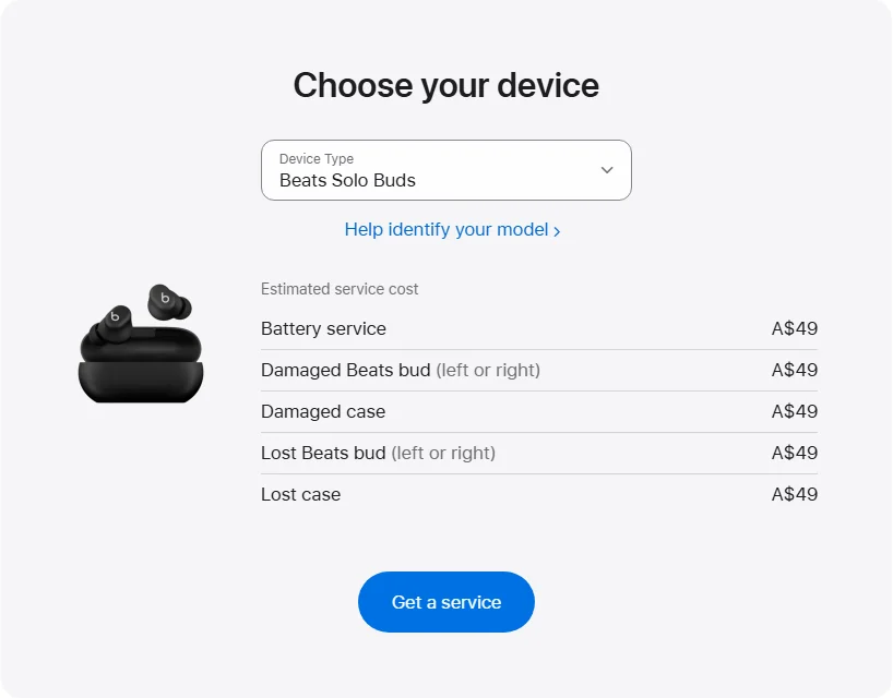 Apple Australia's repair pricing panel showing Beats Solo Buds service estimates