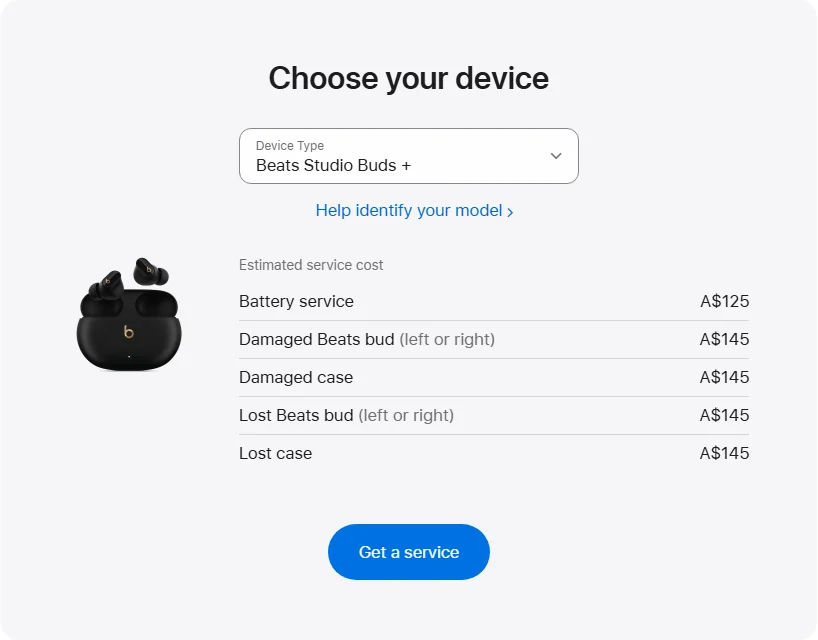 Apple Australia's repair pricing panel showing Beats Studio Buds + service estimates