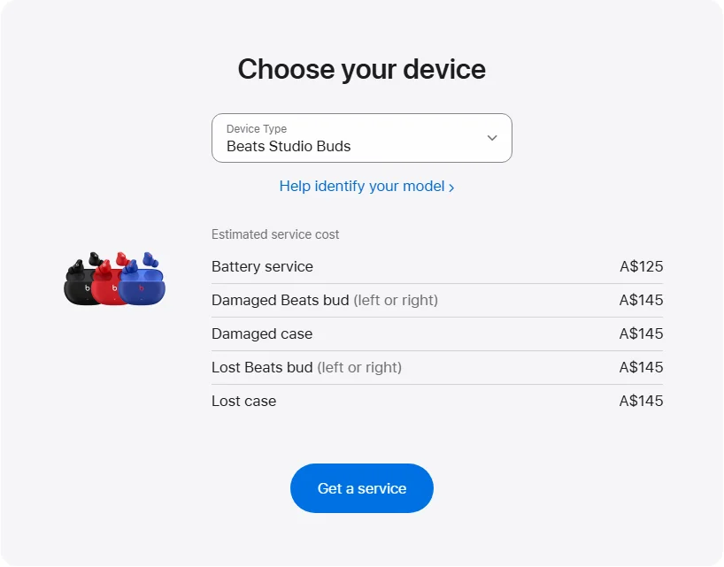 Apple Australia's repair pricing panel showing Beats Studio Buds service estimates
