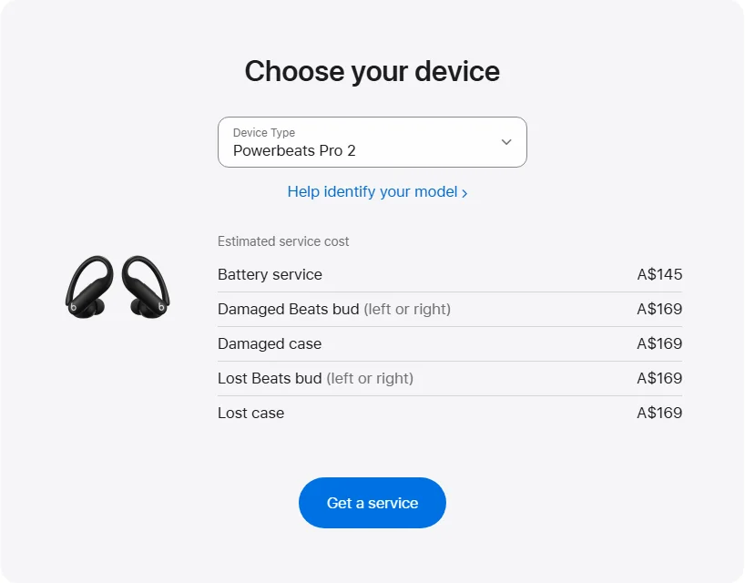 Apple Australia's repair pricing panel showing Powerbeats Pro 2 service estimates