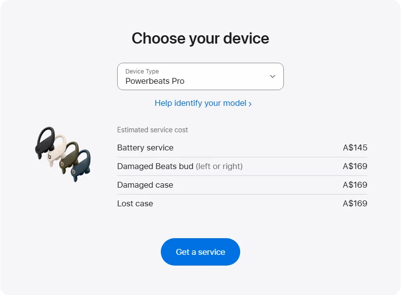 Apple Australia's repair pricing panel showing Powerbeats Pro service estimates