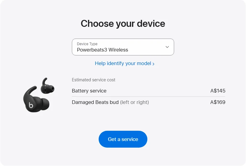 Apple Australia's repair pricing panel showing Powerbeats3 Wireless service estimates