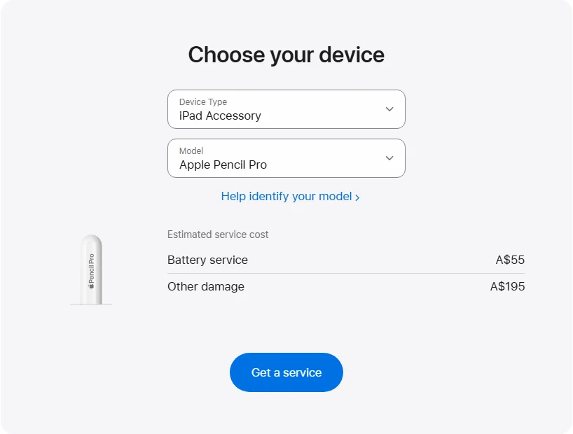 Apple Australia's repair pricing panel showing Apple Pencil Pro service estimates