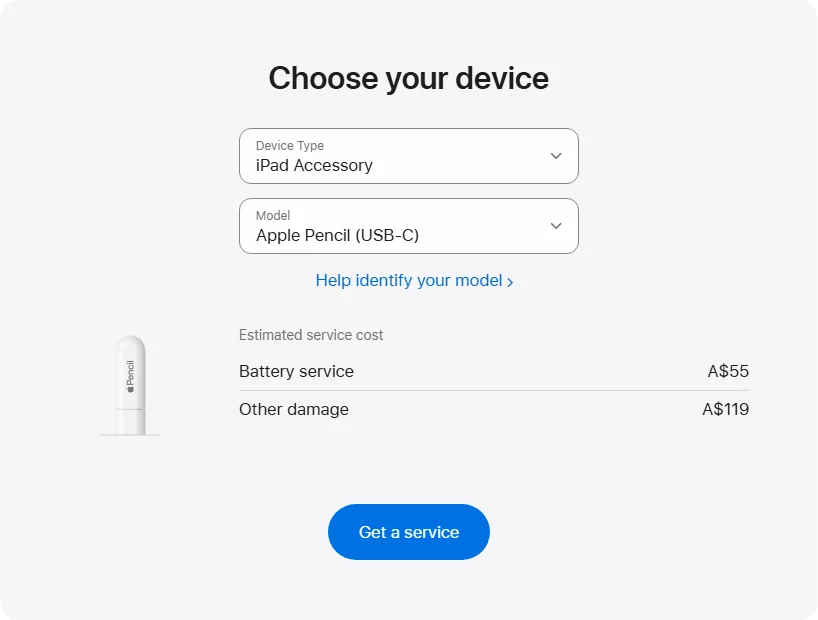 Apple Australia's repair pricing panel showing Apple Pencil (USB-C) service estimates