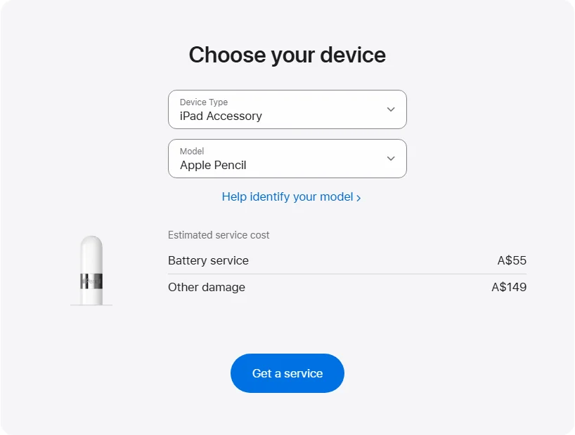 Apple Australia's repair pricing panel showing Apple Pencil service estimates