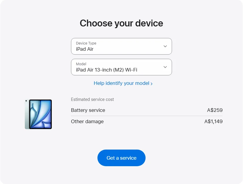Apple Australia's repair pricing panel showing iPad Air 13-inch (M2) Wi-Fi service estimates