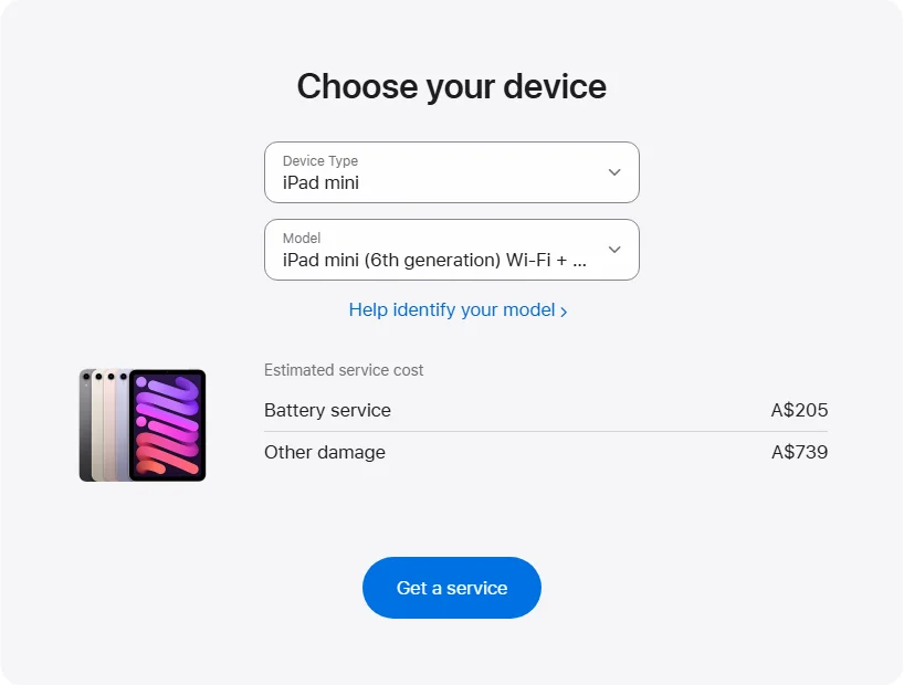 Apple Australia's repair pricing panel showing iPad mini (6th generation) Wi-Fi + Cellular service estimates
