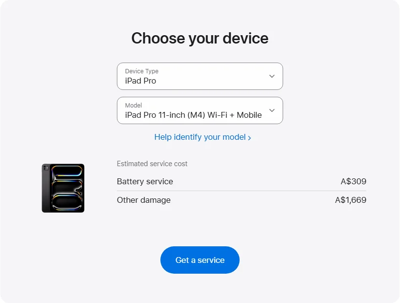Apple Australia's repair pricing panel showing iPad Pro 11-inch (M4) Wi-Fi + Mobile service estimates