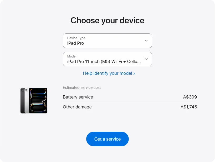 Apple Australia's repair pricing panel showing iPad Pro 11-inch (M5) Wi-Fi + Cellular service estimates