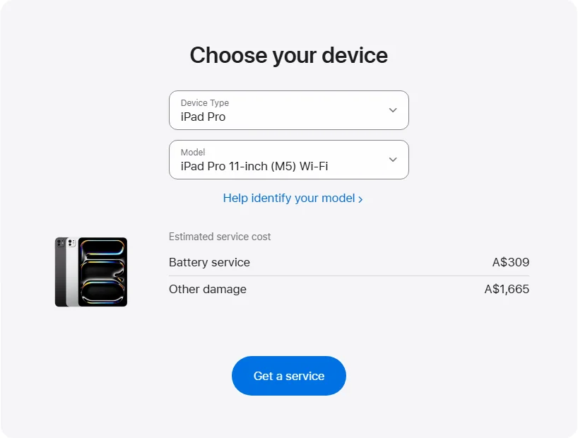 Apple Australia's repair pricing panel showing iPad Pro 11-inch (M5) Wi-Fi service estimates