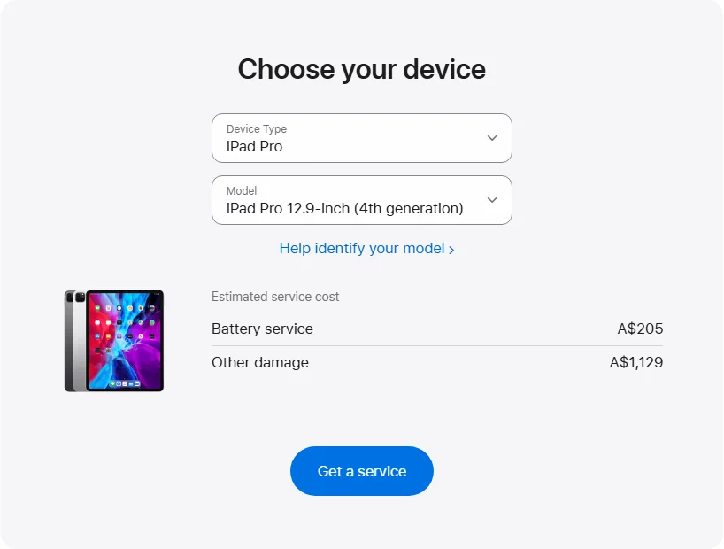 Apple Australia's repair pricing panel showing iPad Pro 12.9-inch (4th generation) service estimates