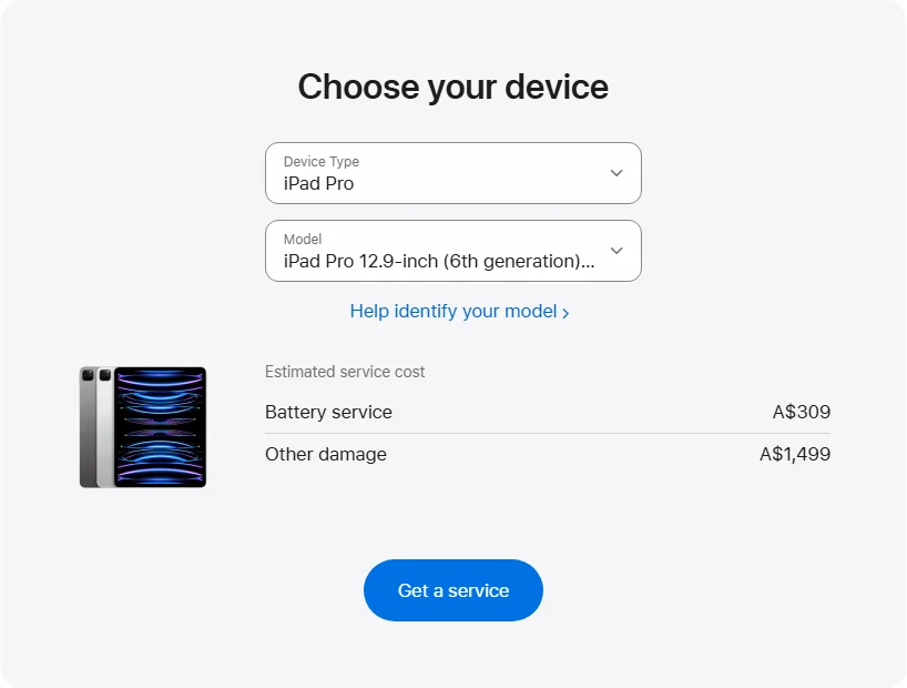 Apple Australia's repair pricing panel showing iPad Pro 12.9-inch (6th generation) Wi-Fi + Cellular service estimates
