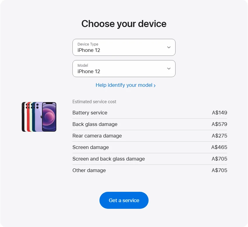Apple Australia's repair pricing panel showing iPhone 12 service estimates
