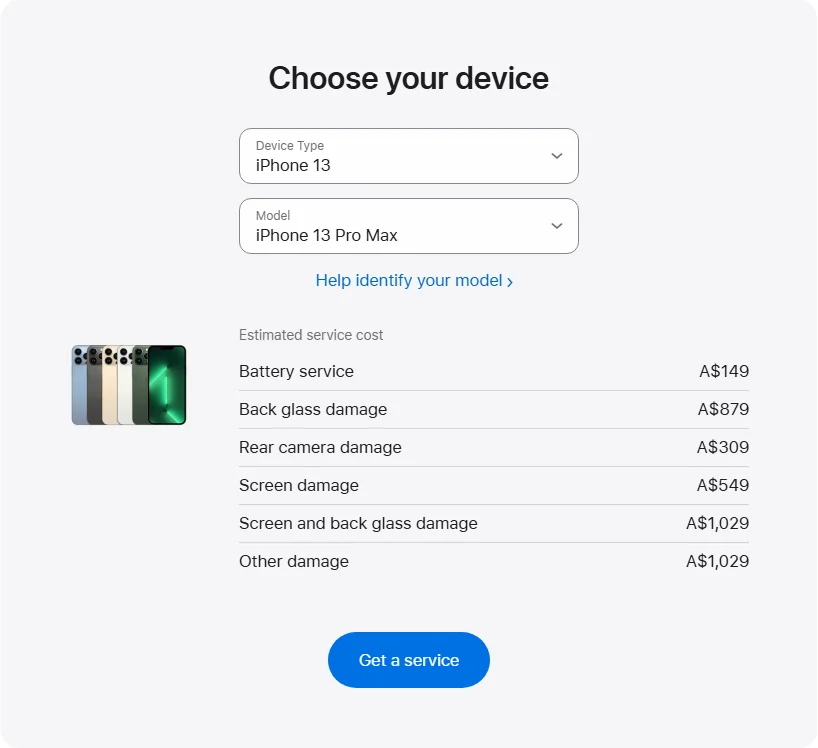 Apple Australia's repair pricing panel showing iPhone 13 Pro Max service estimates