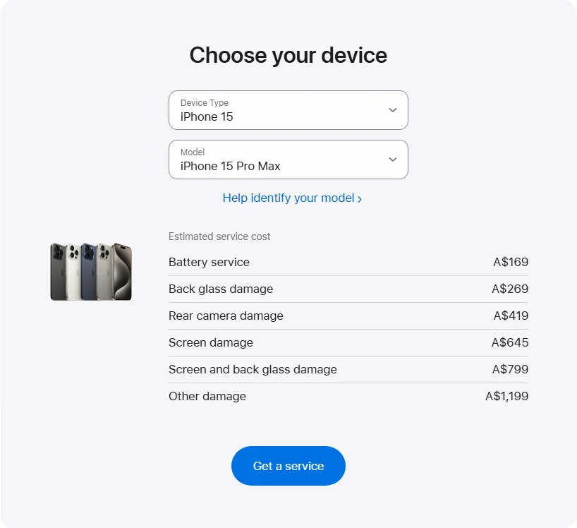 Apple Australia's repair pricing panel showing iPhone 15 Pro Max service estimates