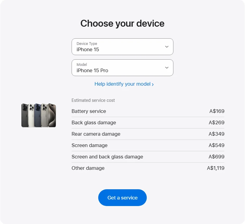 Apple Australia's repair pricing panel showing iPhone 15 Pro service estimates