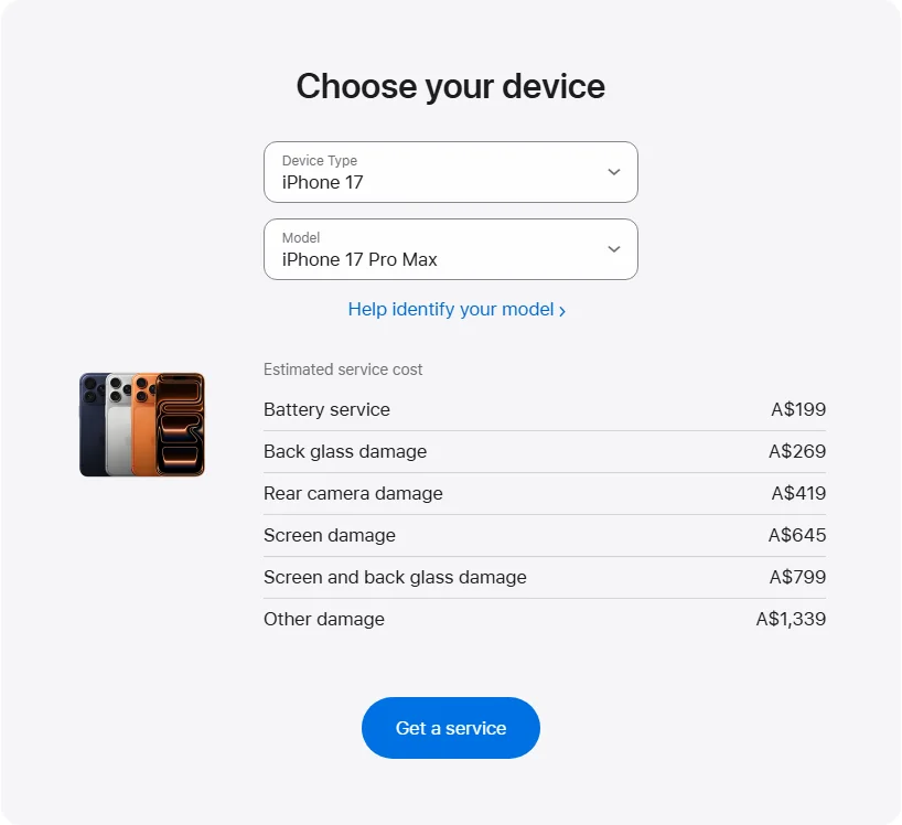 Apple Australia's repair pricing panel showing iPhone 17 Pro Max service estimates