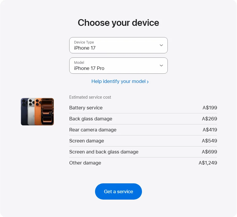 Apple Australia's repair pricing panel showing iPhone 17 Pro service estimates