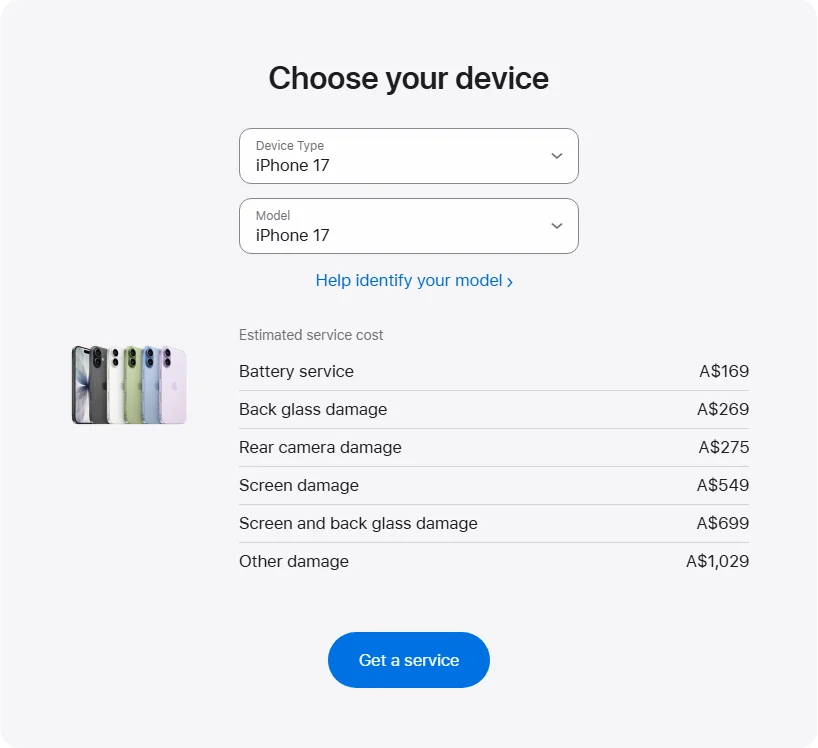 Apple Australia's repair pricing panel showing iPhone 17 service estimates