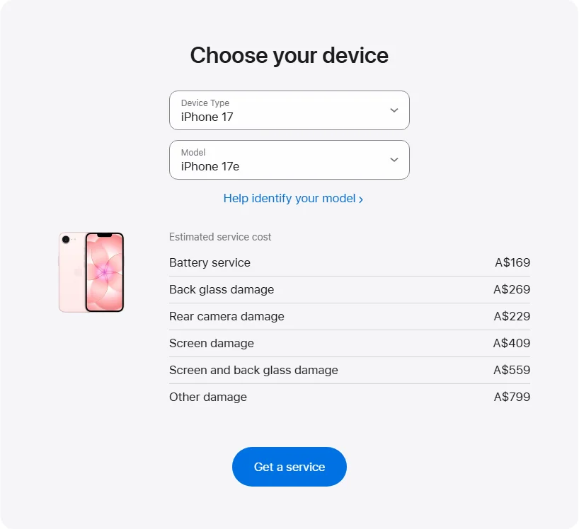 Apple Australia's repair pricing panel showing iPhone 17e service estimates