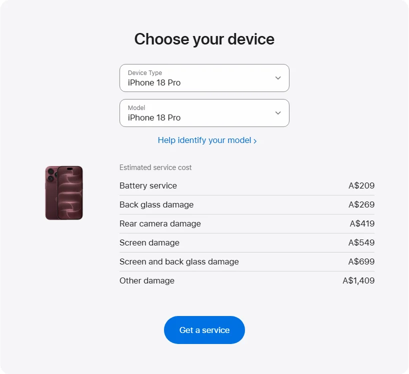 Apple Australia's repair pricing panel showing iPhone 18 Pro service estimates