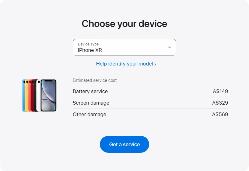 Apple Australia's repair pricing panel showing iPhone XR service estimates