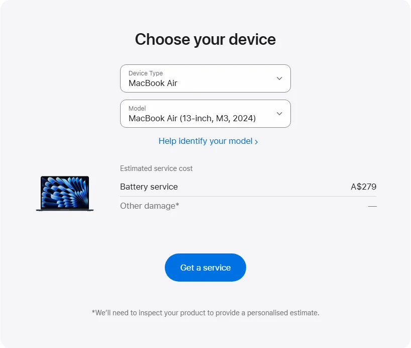 Apple Australia's repair pricing panel showing MacBook Air (13-inch, M3, 2024) service estimates
