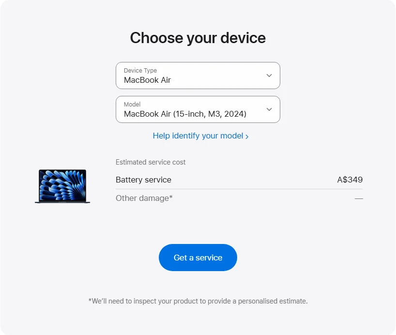 Apple Australia's repair pricing panel showing MacBook Air (15-inch, M3, 2024) service estimates