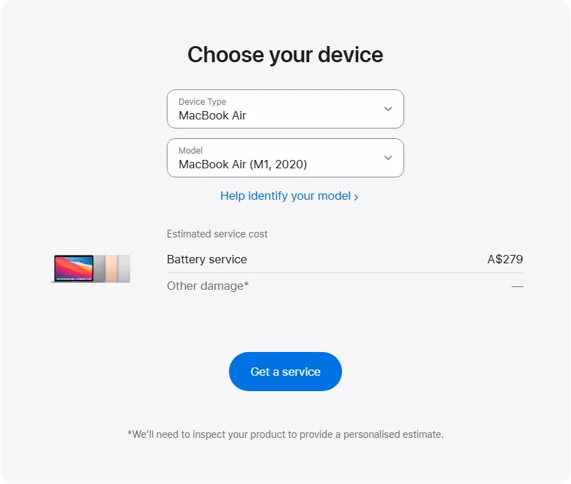 Apple Australia's repair pricing panel showing MacBook Air (M1, 2020) service estimates