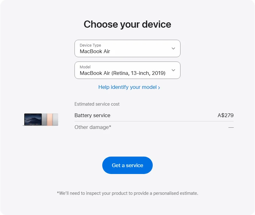 Apple Australia's repair pricing panel showing MacBook Air (Retina, 13-inch, 2019) service estimates