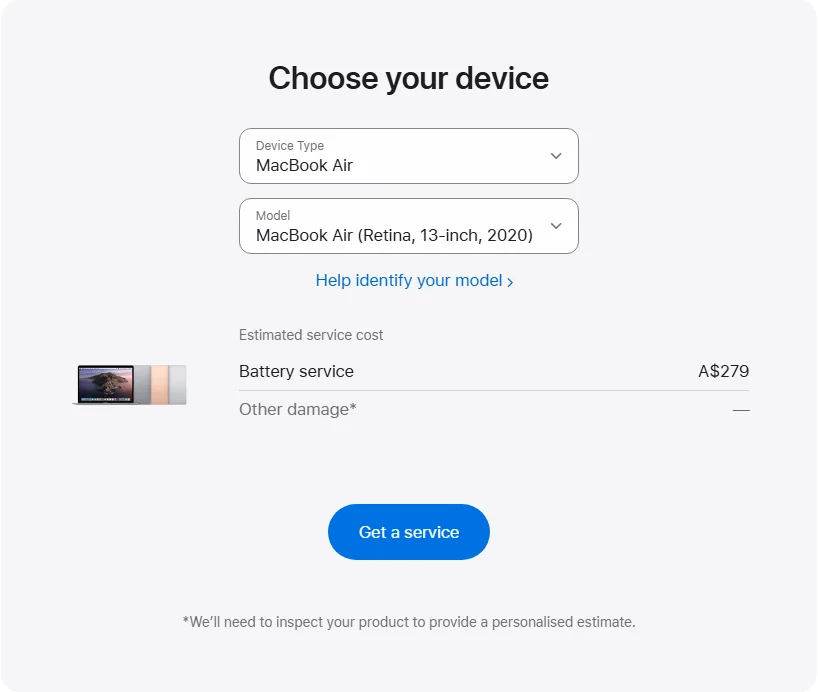 Apple Australia's repair pricing panel showing MacBook Air (Retina, 13-inch, 2020) service estimates
