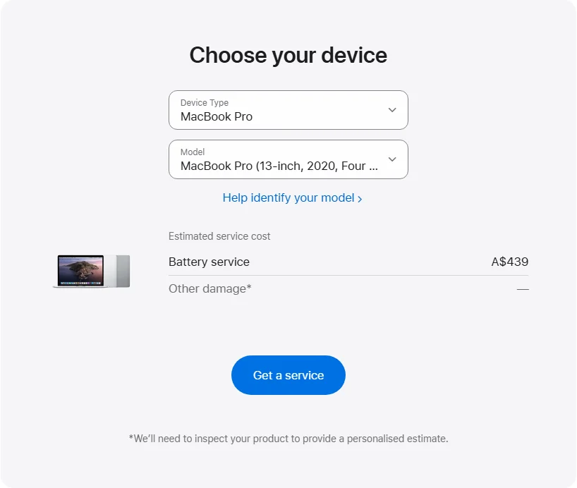 Apple Australia's repair pricing panel showing MacBook Pro (13-inch, 2020, Four Thunderbolt 3 ports) service estimates