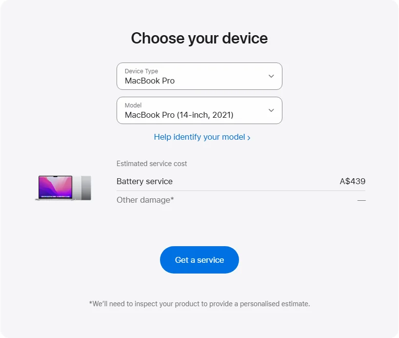 Apple Australia's repair pricing panel showing MacBook Pro (14-inch, 2021) service estimates