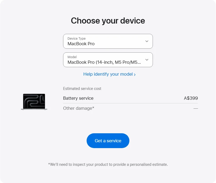Apple Australia's repair pricing panel showing MacBook Pro (14-inch, M5 Pro/M5 Max) service estimates