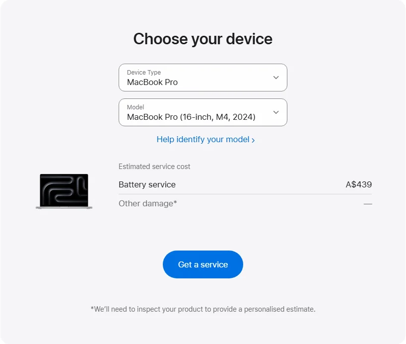 Apple Australia's repair pricing panel showing MacBook Pro (16-inch, M4, 2024) service estimates